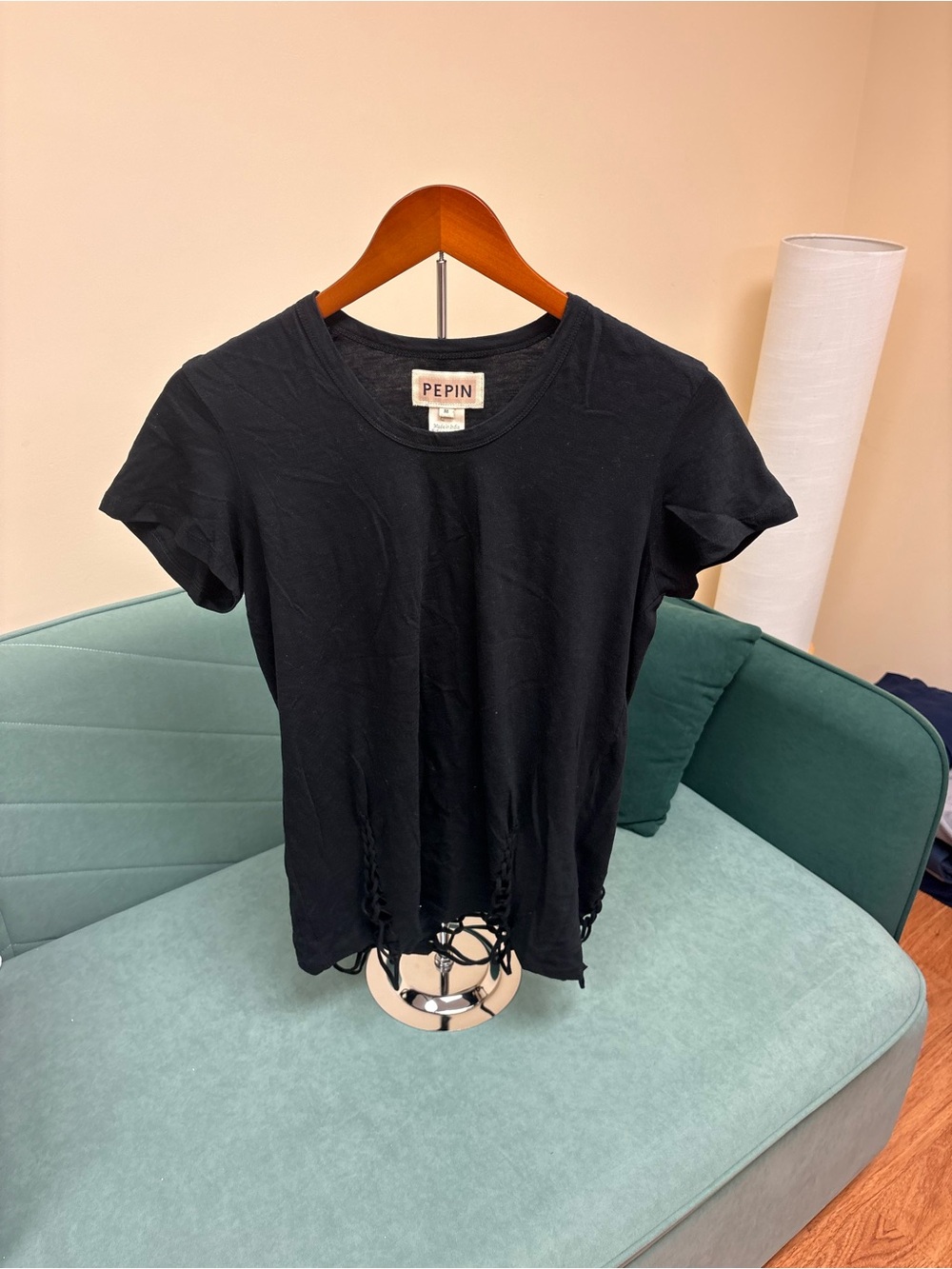 Pepin Black Short Sleeve Tee with Lace-Up Hem